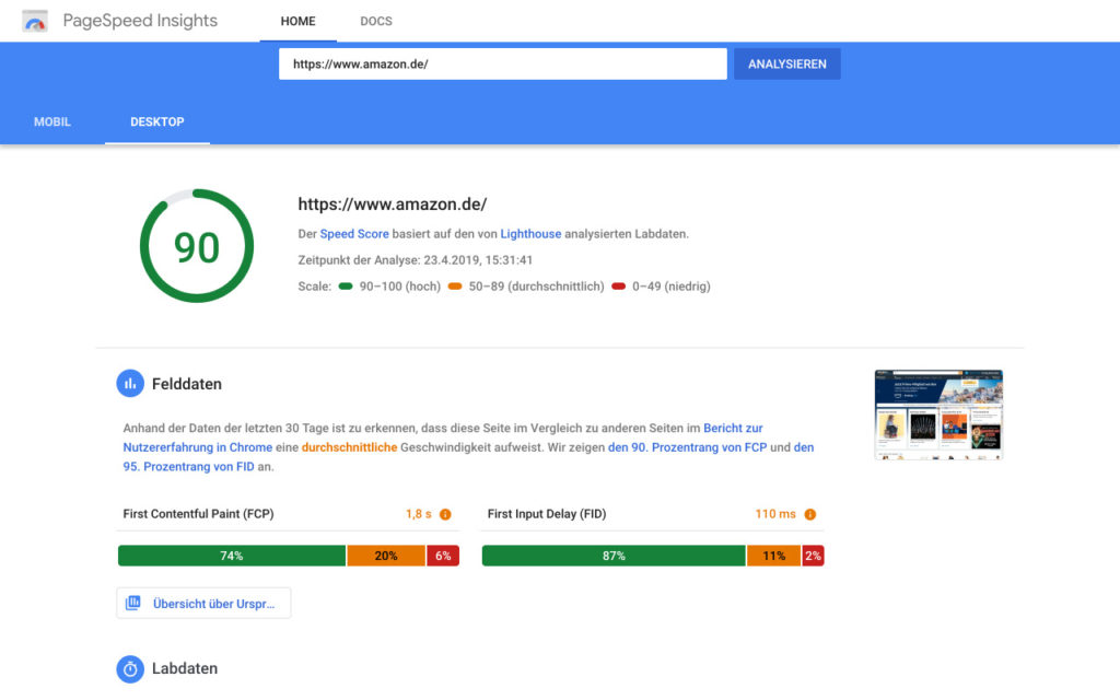 Abbildung 1: Screenshot der Google PageSpeed Insights