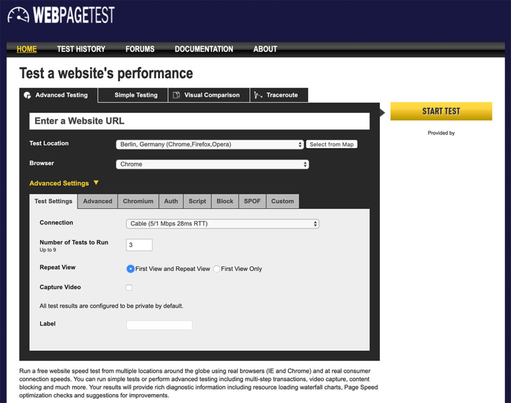 Abbildung 2: Screenshot von WebPageTest.org